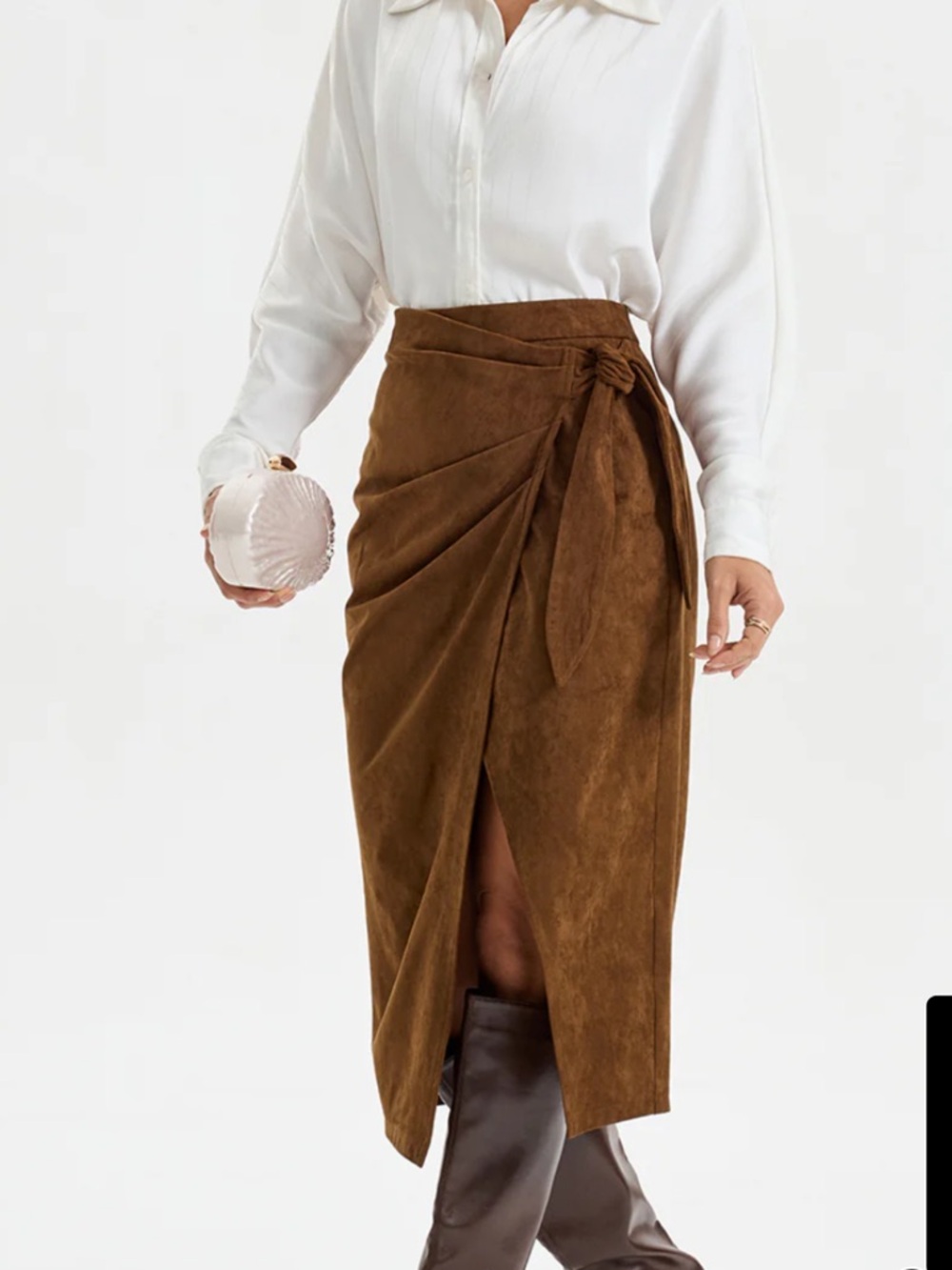 Commense Brown Suede-Effect Wrap Midi Skirt with Side Knot